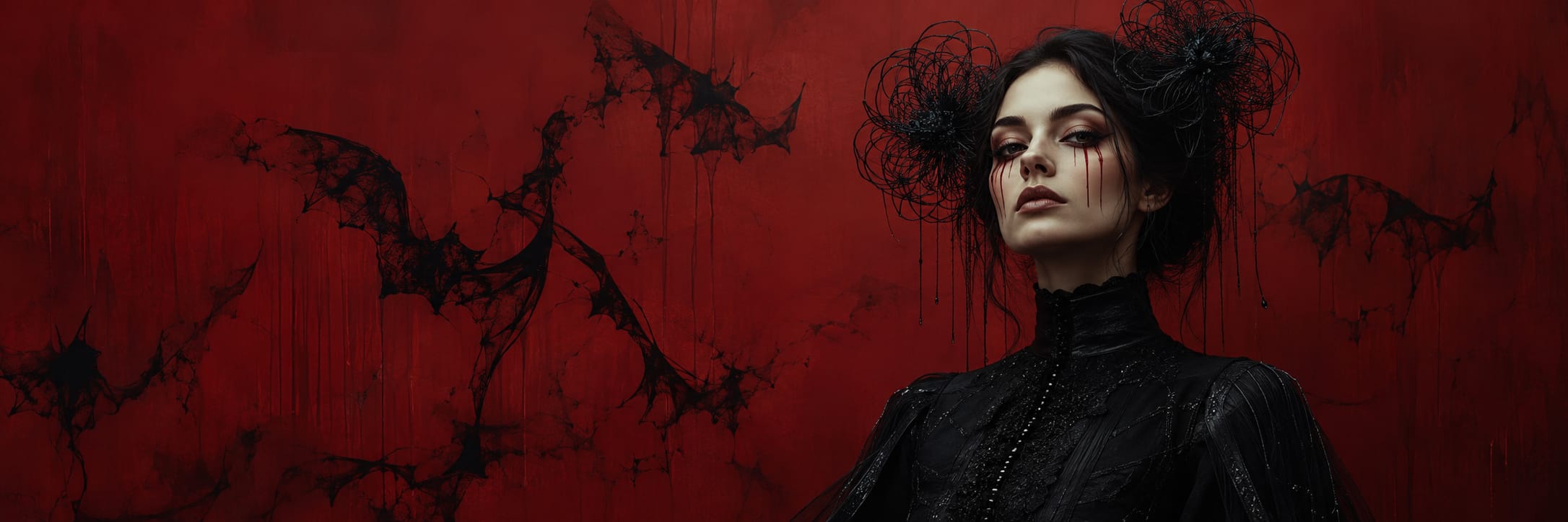Woman in black gothic attire with dark makeup stands before a red wall featuring abstract bat-like shapes.