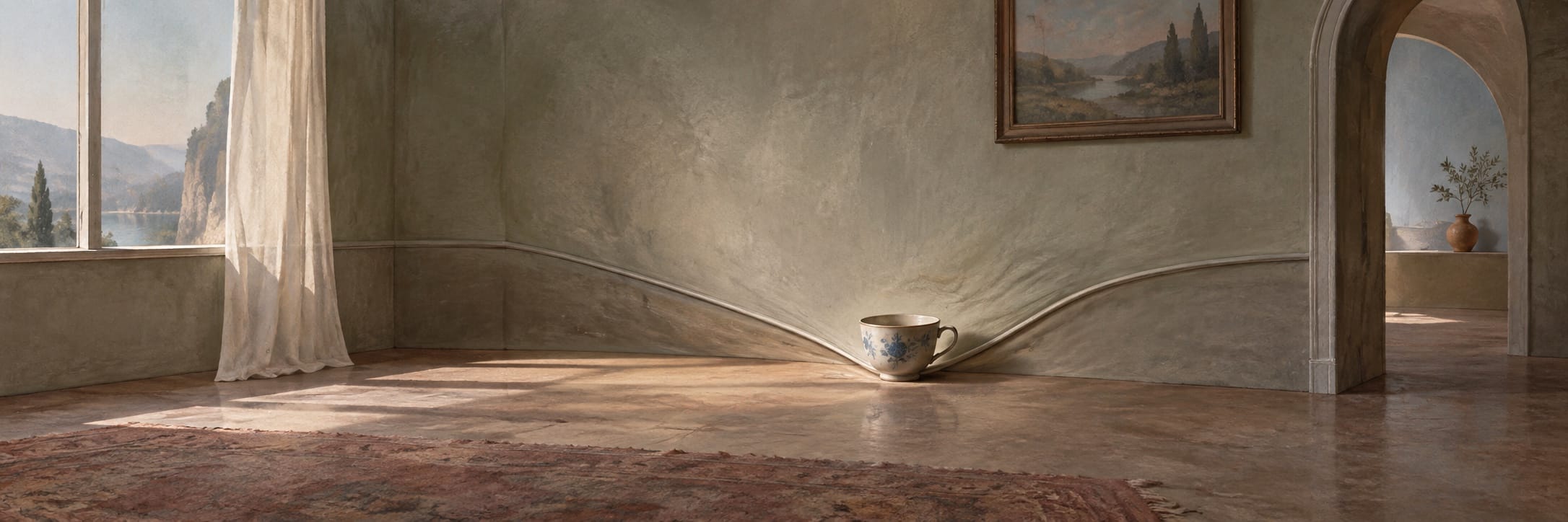 A small cup sits on the floor of a quiet blue-grey room with a curved wall.
