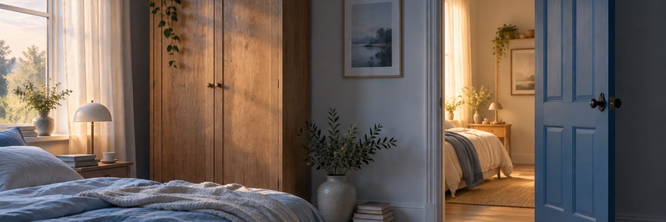 A calm bedroom and open blue door appear subtly out of alignment in warm morning light.