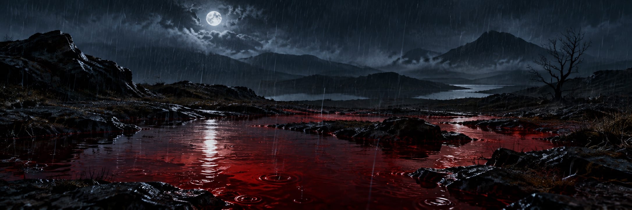 Red rain falls over a barren landscape with reflective water under a cloudy, ominous sky.