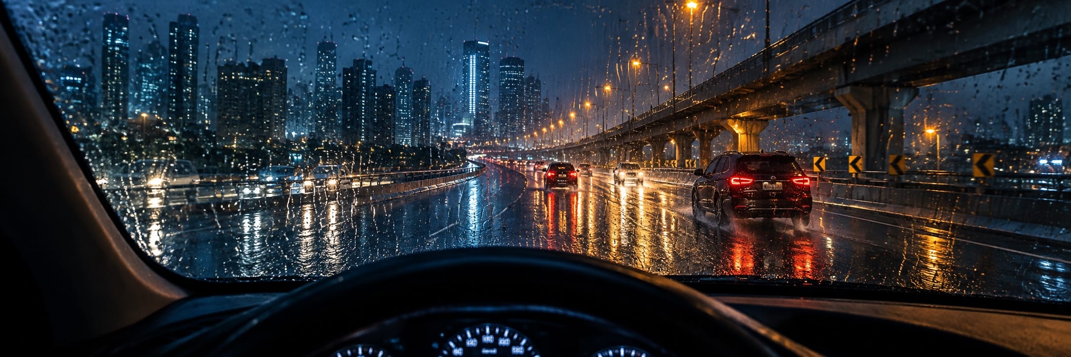 Rain and headlights streak across a city flyover seen through a windscreen at night.