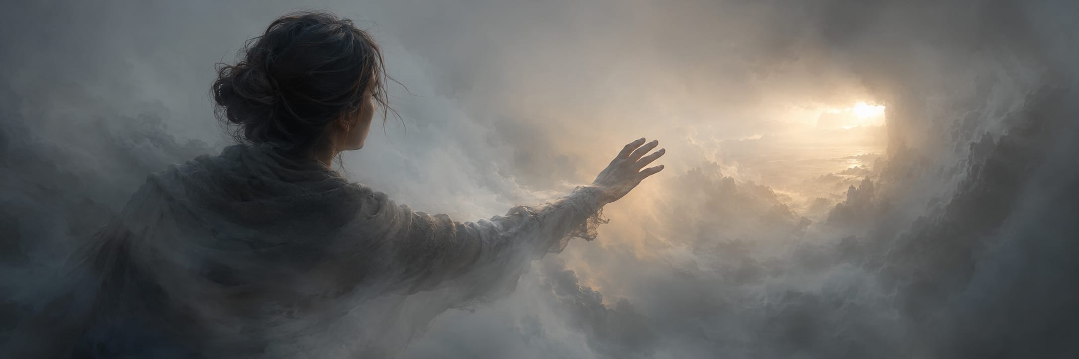 A person reaches toward a bright light through swirling mist, guided by nature and reflection among the clouds.