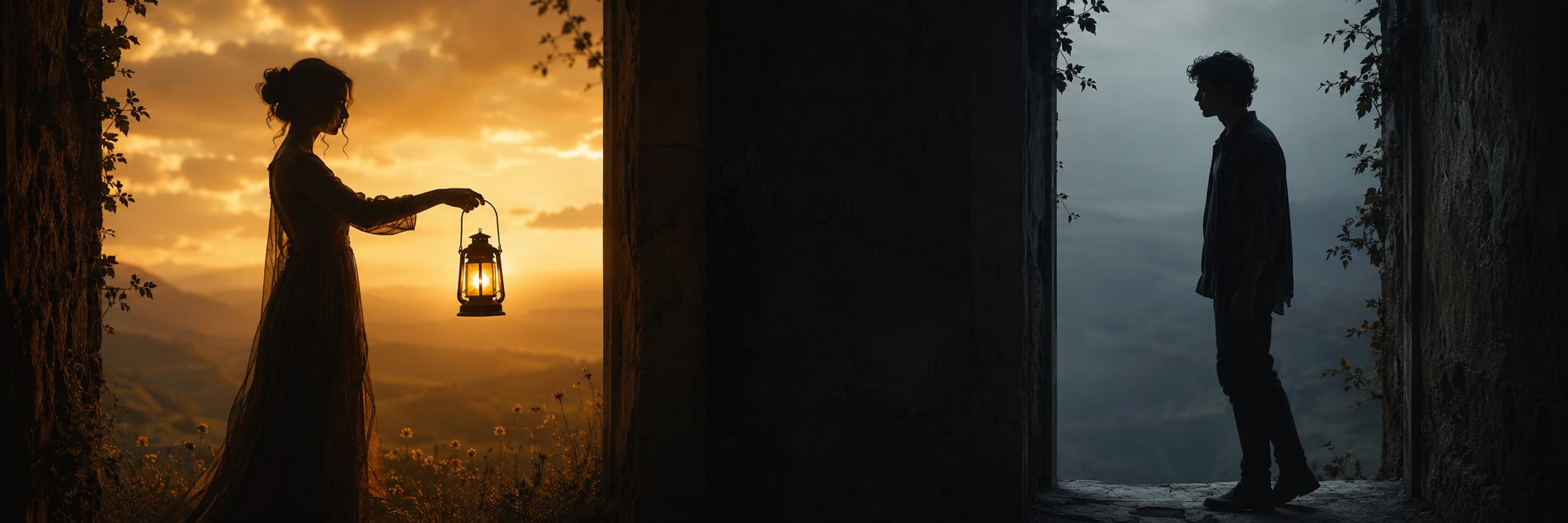 A woman with a lantern stands at sunset’s edge, while a man waits in shadow at dawn’s doorway.