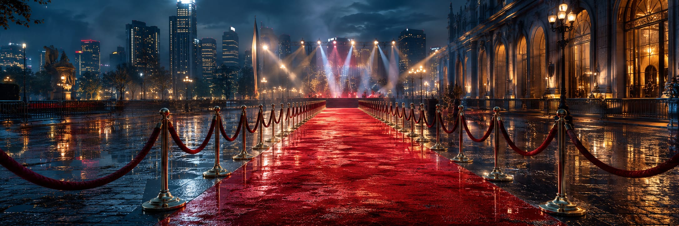 A wet red carpet lined with ropes leads to a stage, with city skyscrapers and ornate buildings shimmering in the background.