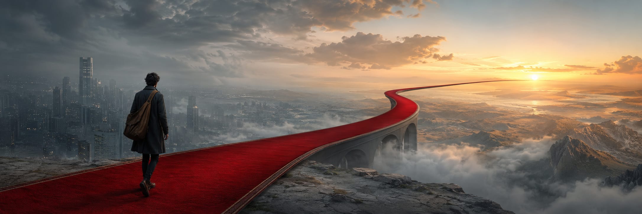 A person walks on a red carpet from a city skyline toward a sunrise above clouds and mountains.