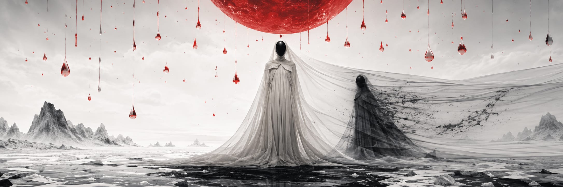 A surreal robed figure stands on cracked ice under a red moon, with swirling chaos behind a sheer shadowy veil.