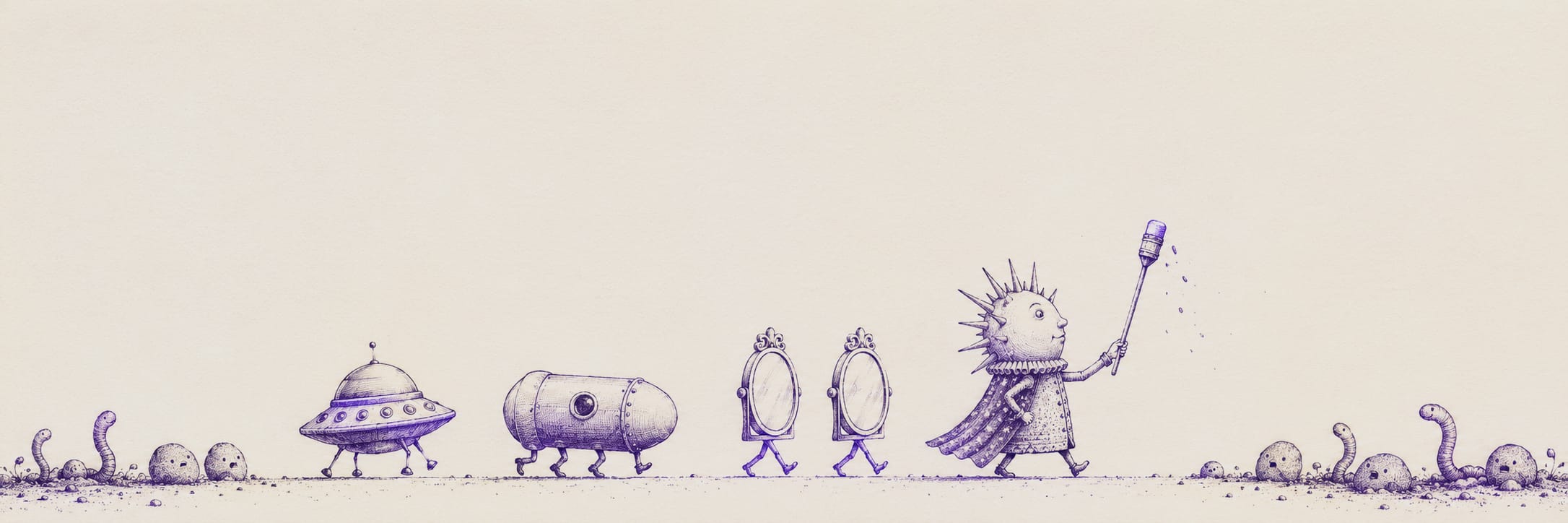 Five whimsical alien-like creatures march; their leader waves a wand as small worms emerge from the ground.