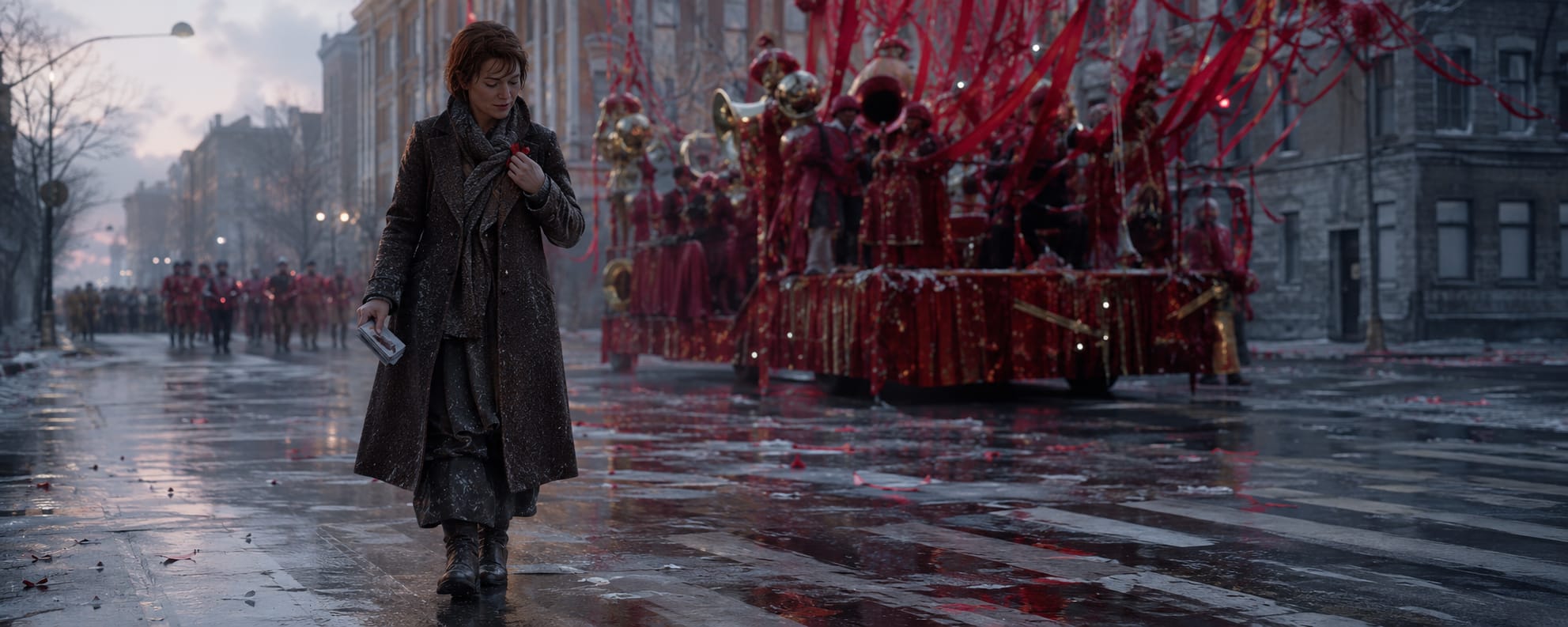 A person in a long coat walks on a snowy street as a festive red parade float passes behind them.