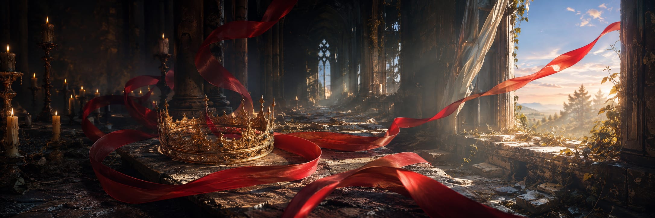 A gold crown and red ribbon lie on the stone floor of a vine-covered ruined cathedral.