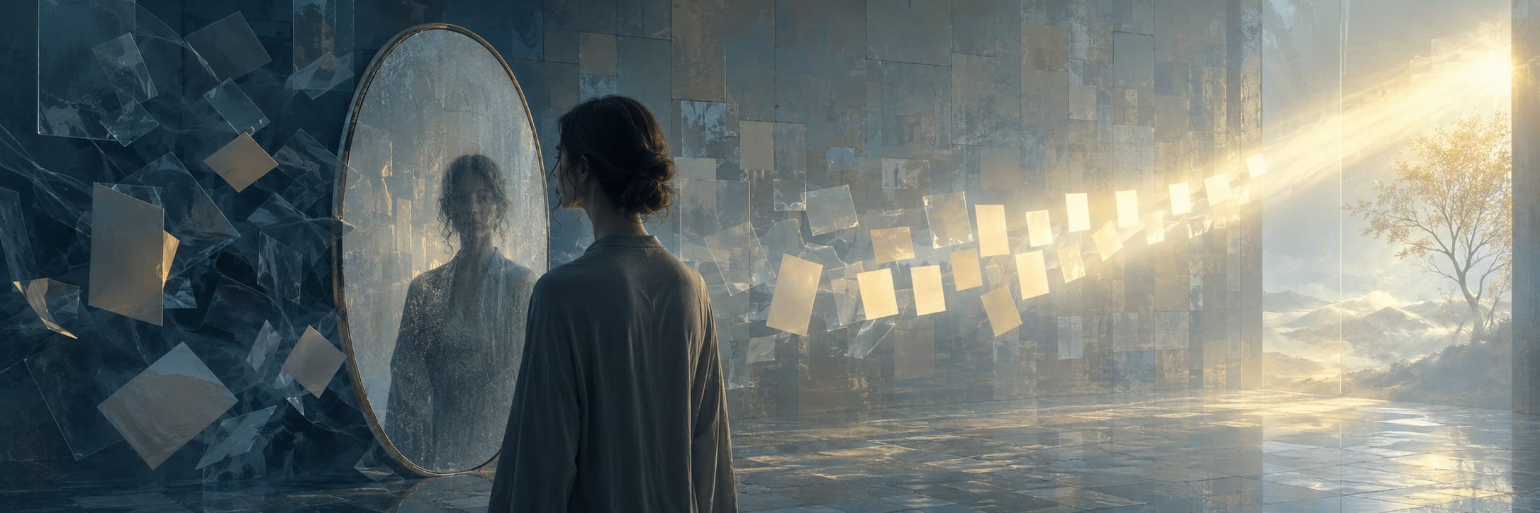 A person stands in front of a foggy mirror, surrounded by floating papers and the reflection of a tree seen through the window.