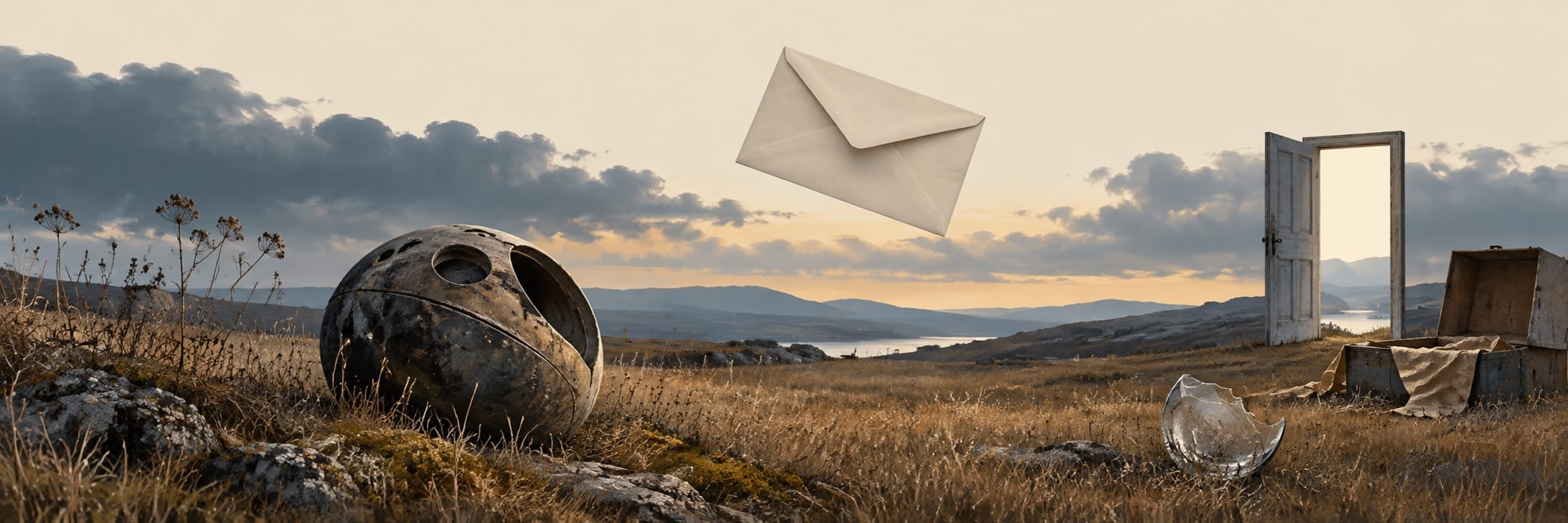 A floating envelope, helmet, and glass bowl hover in a grassy field with an open door and suitcase at sunset.