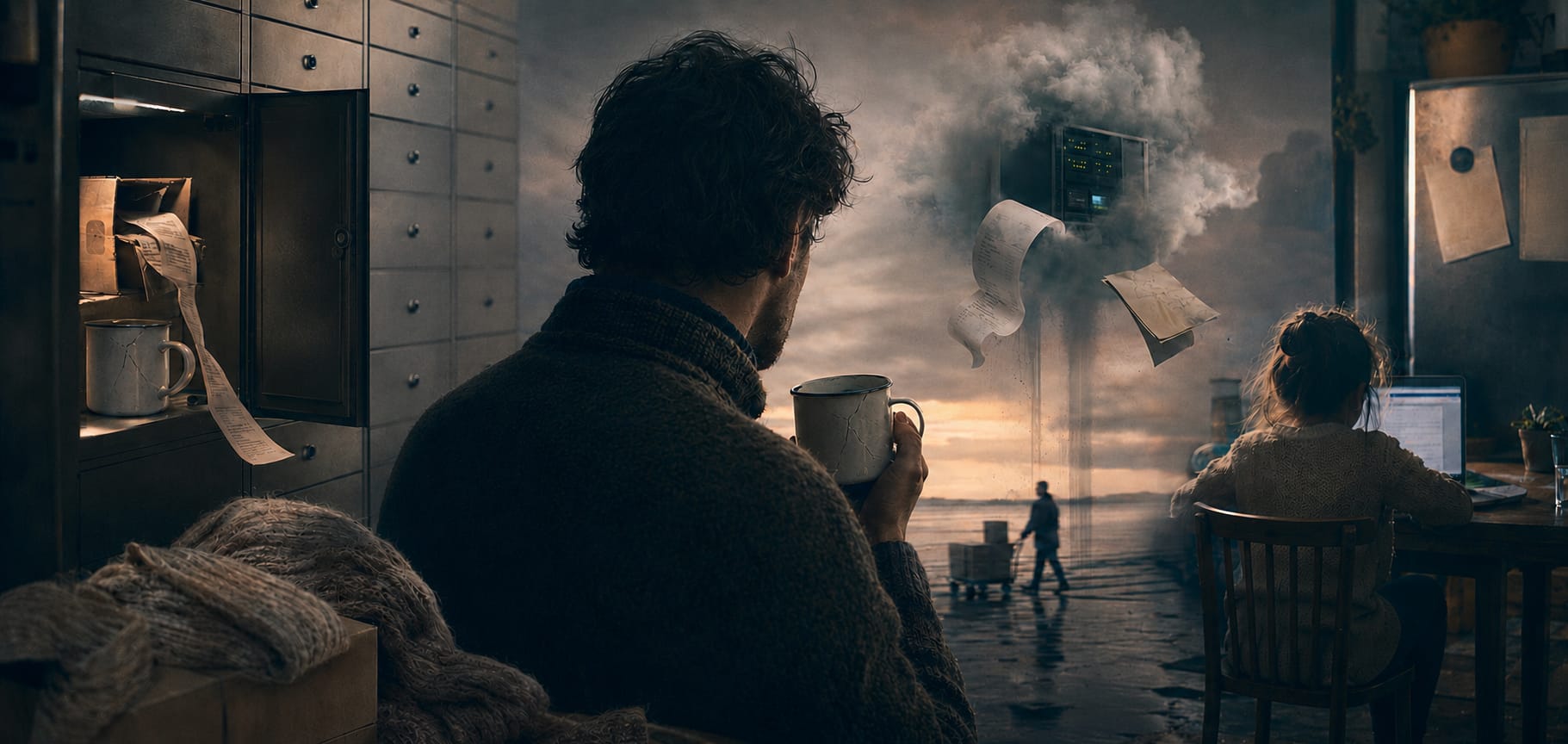 A man with a mug looks at receipts and a cloud server; nearby, a woman works as the room transitions into a beach scene.