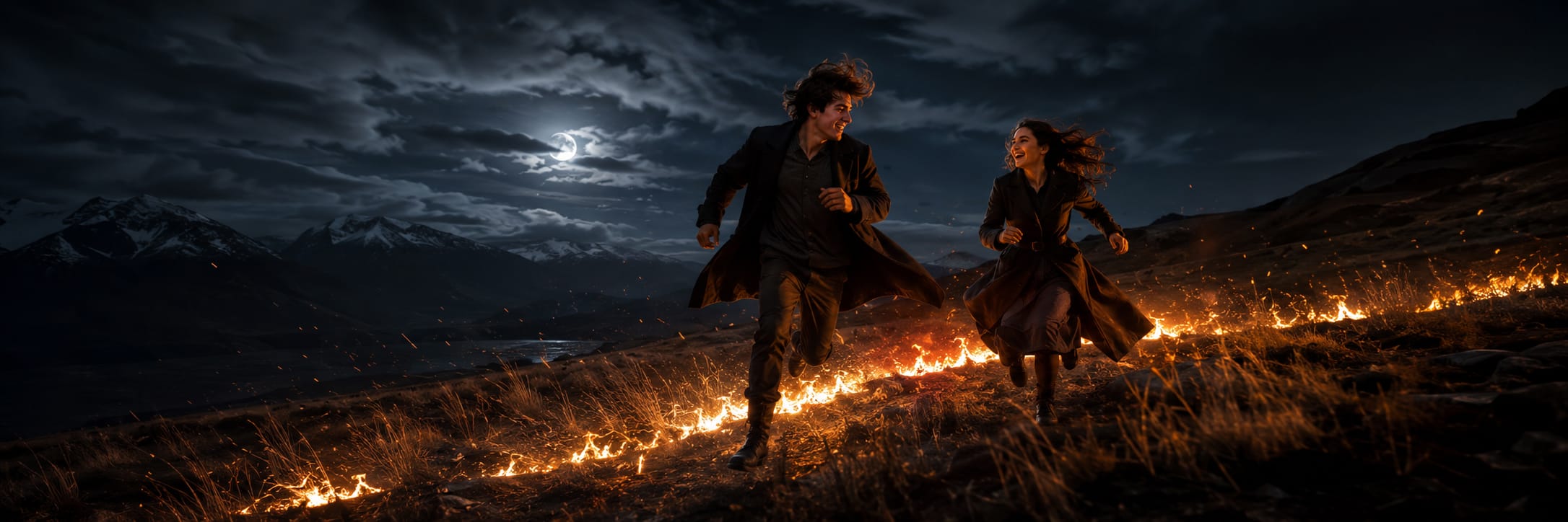 Two figures run across a field with fire trailing behind them, mountains rising in the background.