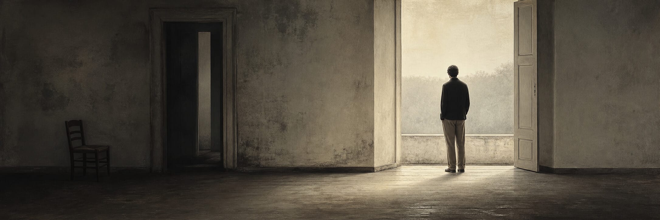 A person stands in an empty room, looking out a large doorway toward nature; a single chair sits nearby.