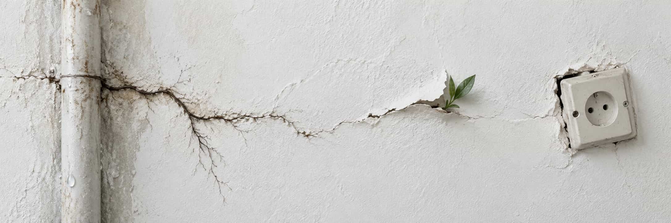 A small green plant grows from a crack in a damaged white wall next to an outlet and pipe.