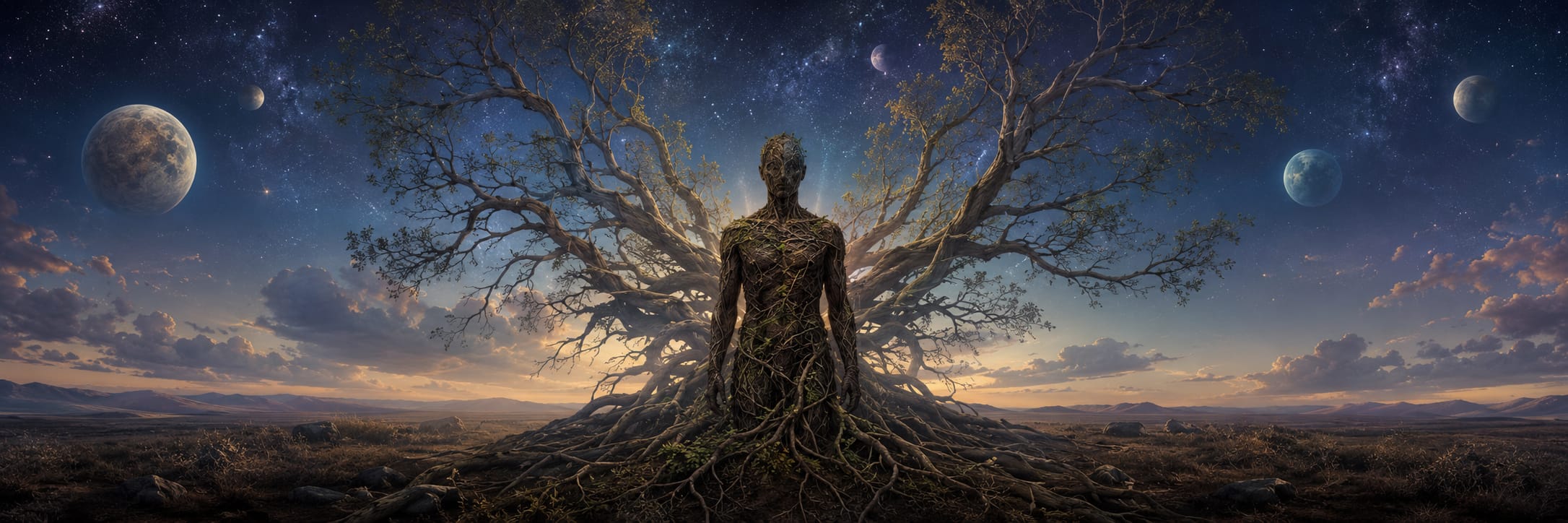 A surreal figure made of branches and roots stands in a landscape under starry skies with visible planets and clouds.