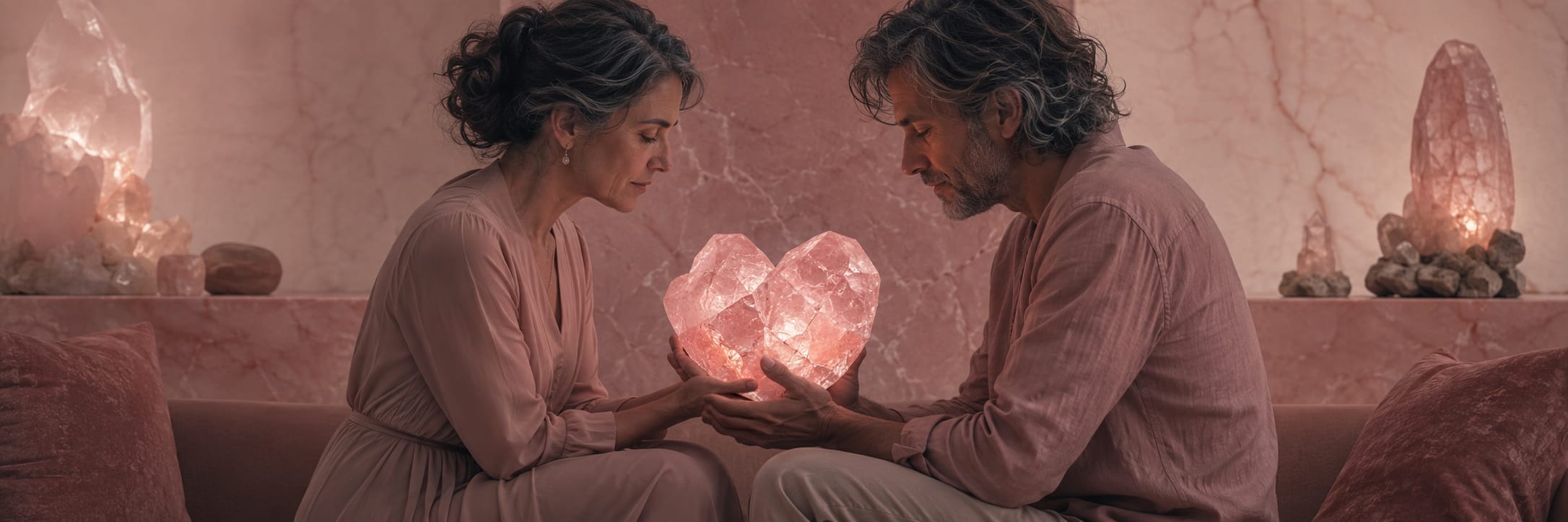 Two people face each other, holding a glowing heart-shaped crystal in a pink room filled with sparkling crystals.