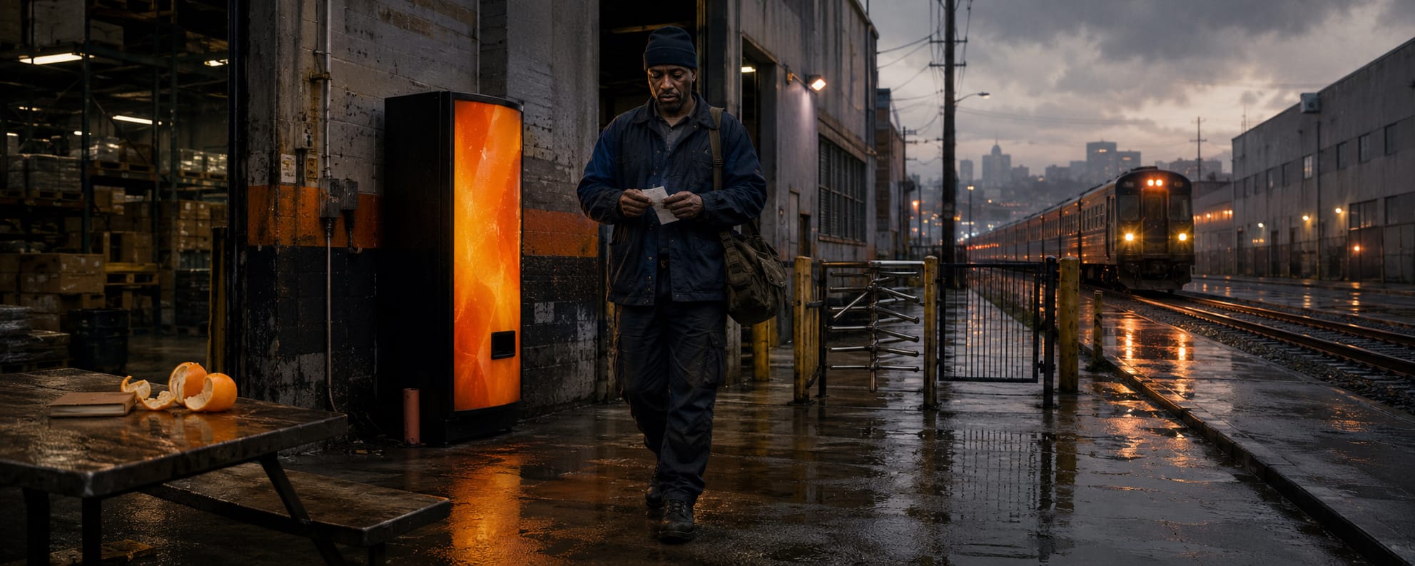 A man walks confidently on a wet industrial lot as a train approaches; nearby, a table holds a peeled orange and notebook.