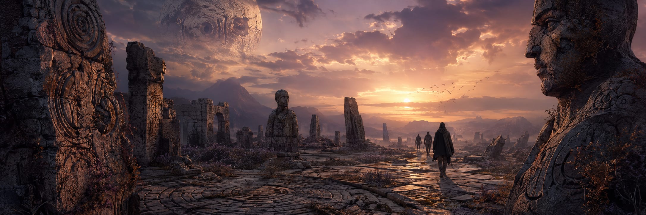 Ruined stone statues and pillars under a sunset sky, with three figures walking beneath a large orb.