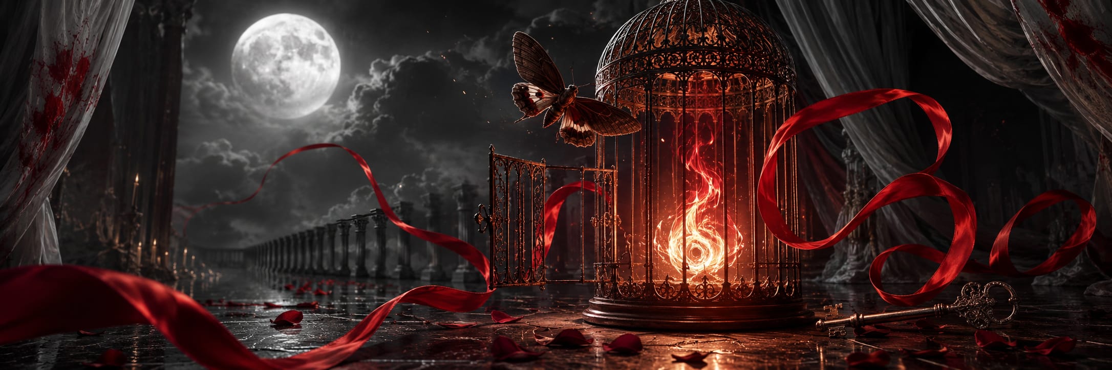 A glowing cage with a flame inside, open door, moth, red ribbons, rose petals, and a full moon create a sense of chaos.