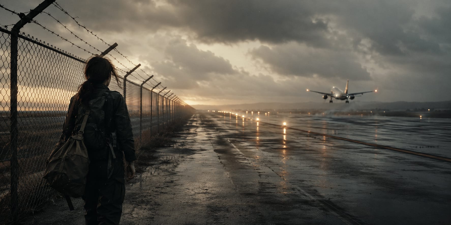 A person with a duffel bag stands by a fence on a wet runway as an airplane lands nearby.