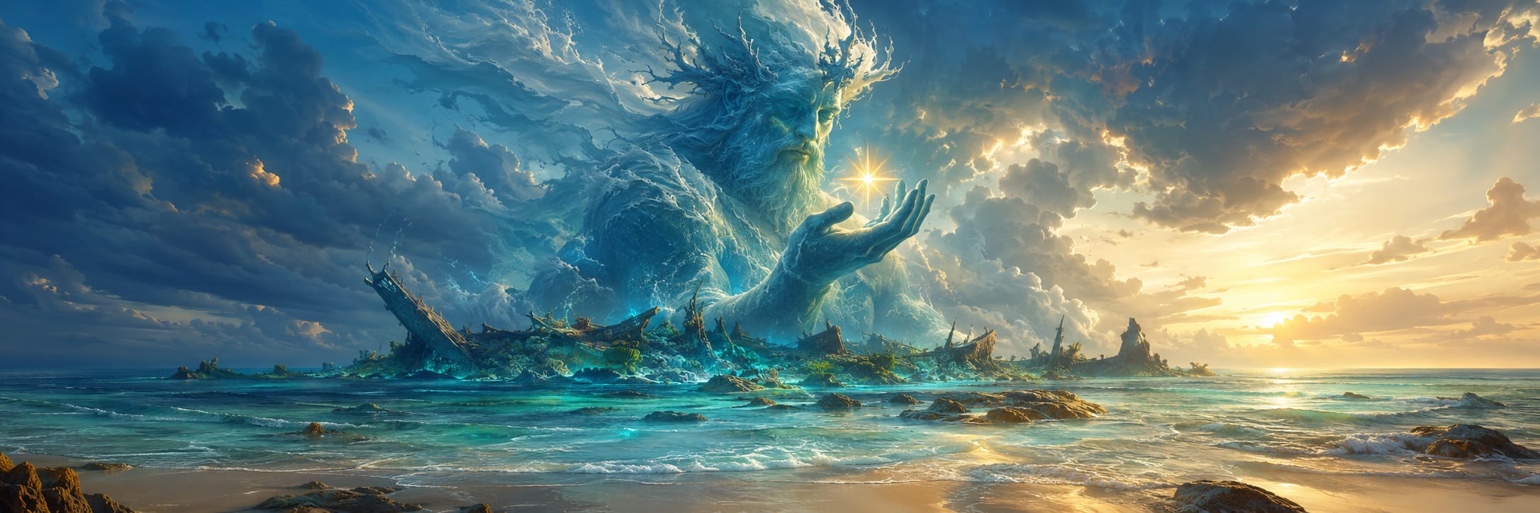 A giant ethereal figure emerges from the ocean, holding a glowing star beneath dramatic clouds and sunlight.
