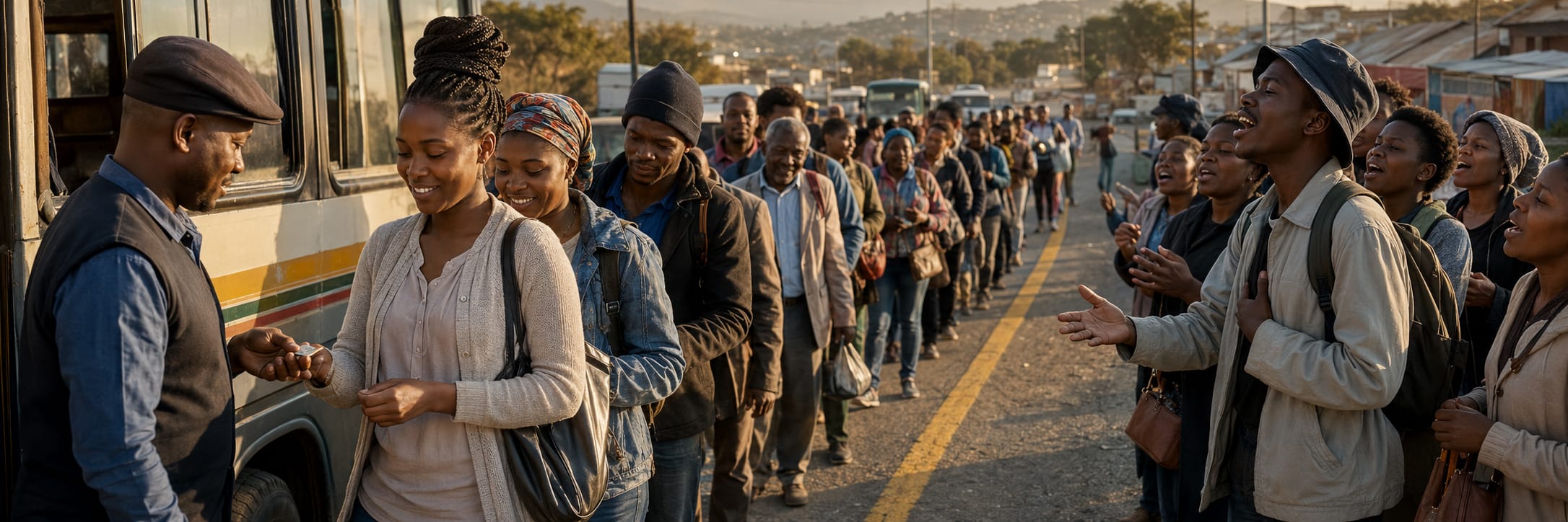 People line up to board a bus while others on the roadside sing and clap in celebration.
