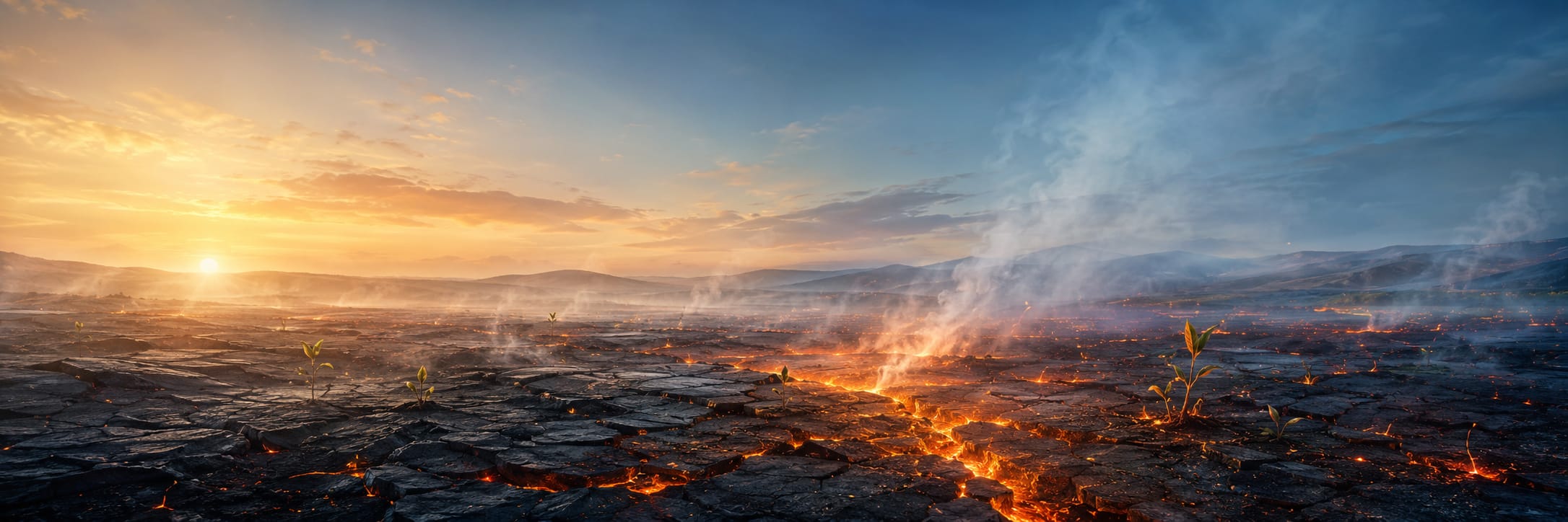 Cracked, burning earth with new green shoots under a vibrant sunrise sky and distant mountains.