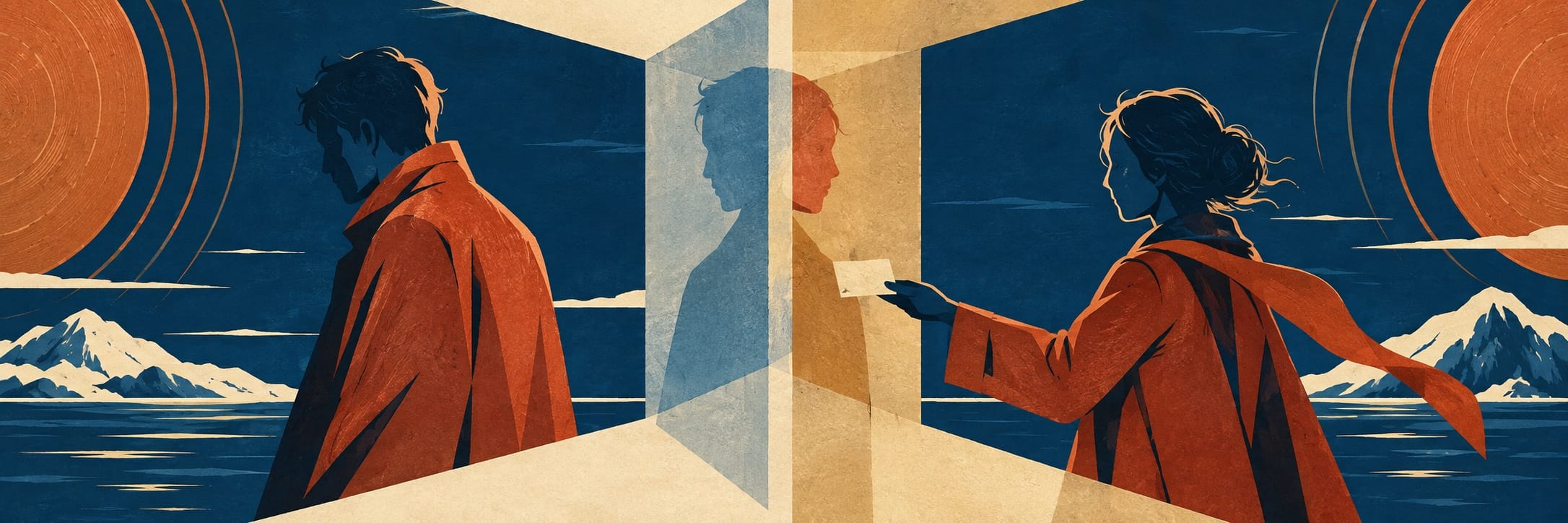 Two figures in orange coats face away from one another across a translucent glass panel, with mountains and water behind them.