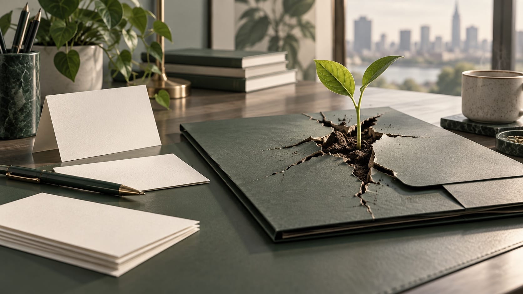 A seedling breaks through a cracked green presentation folder on a desk of blank pitch cards.
