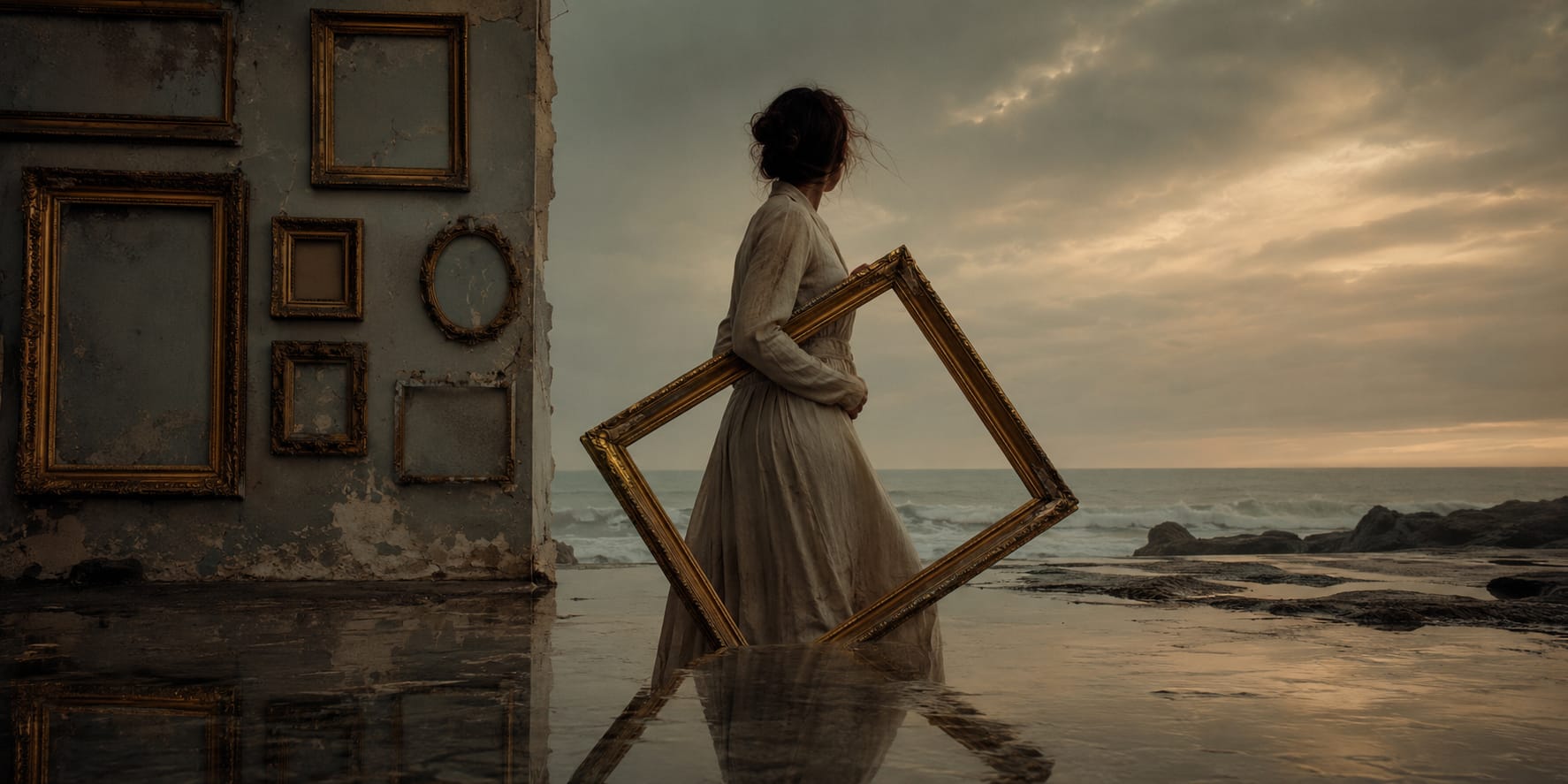 A woman in a long dress holds an empty frame by the sea, standing before a wall of empty frames at sunset.