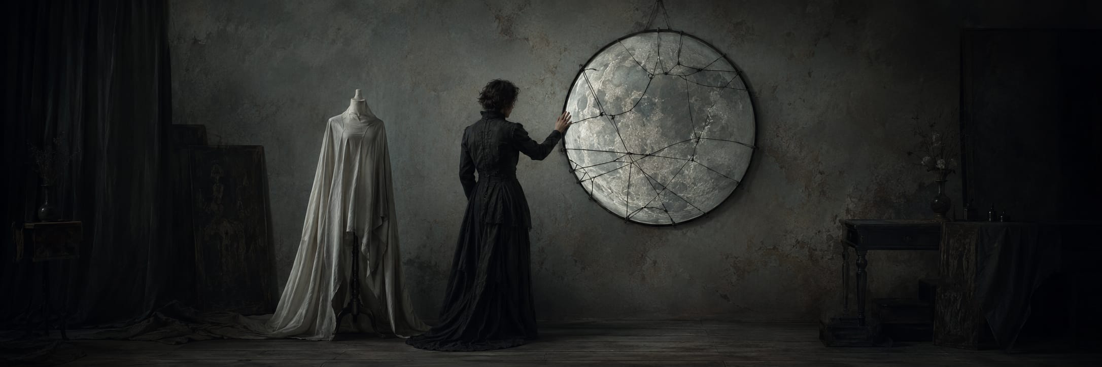 A woman in dark clothing touches a cracked mirror, with chaos reflected near a draped mannequin in a vintage room.