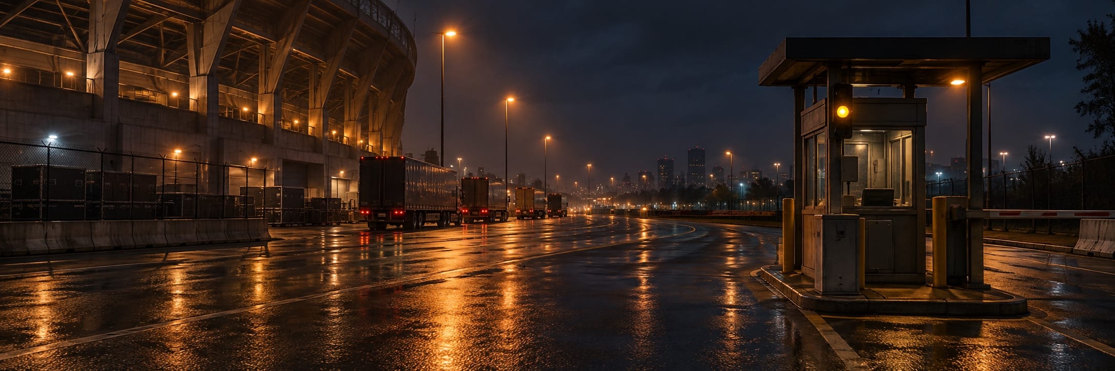 A wet service road behind a stadium glows under orange lamps beside trucks and a small toll booth at night.