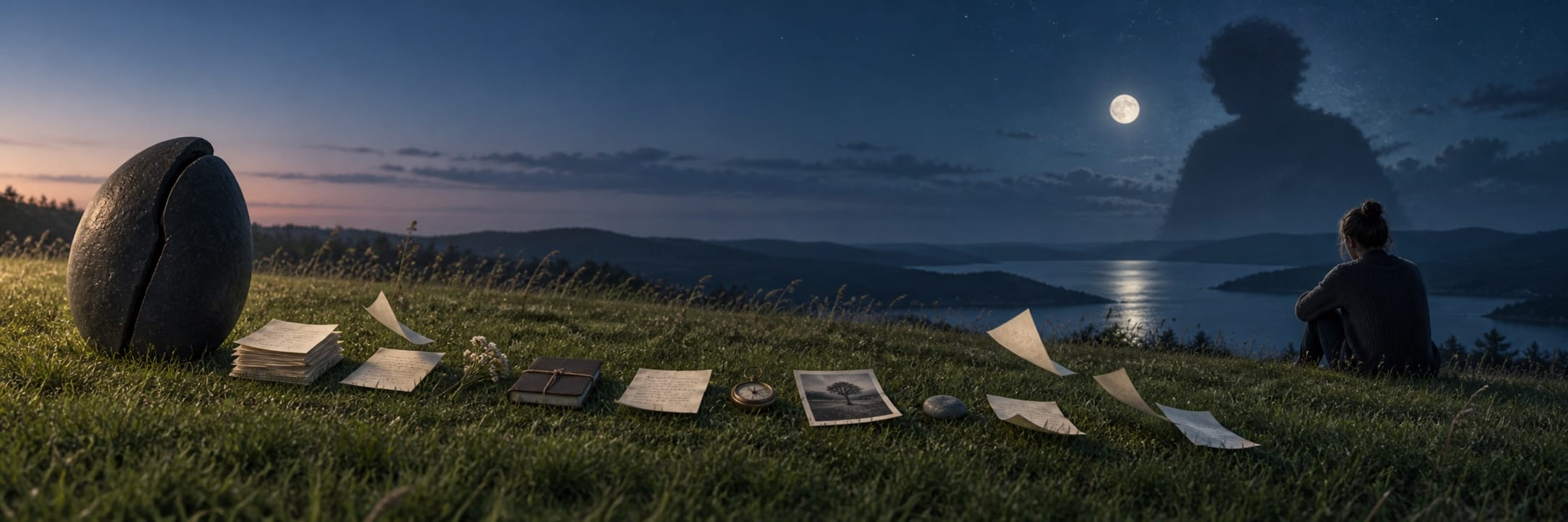 A person sits by a lake at night with scattered papers and books; the scene subtly suggests satire and subversion.