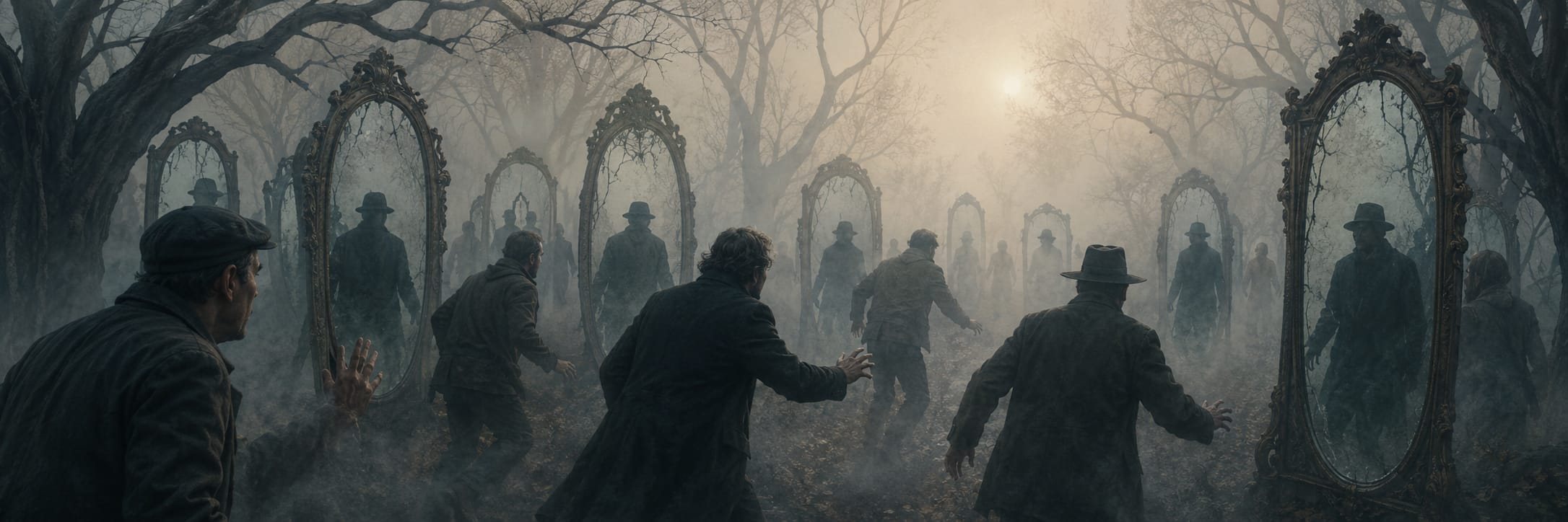 Men in dark coats and hats walk through a foggy forest with ornate mirrors reflecting the surroundings.