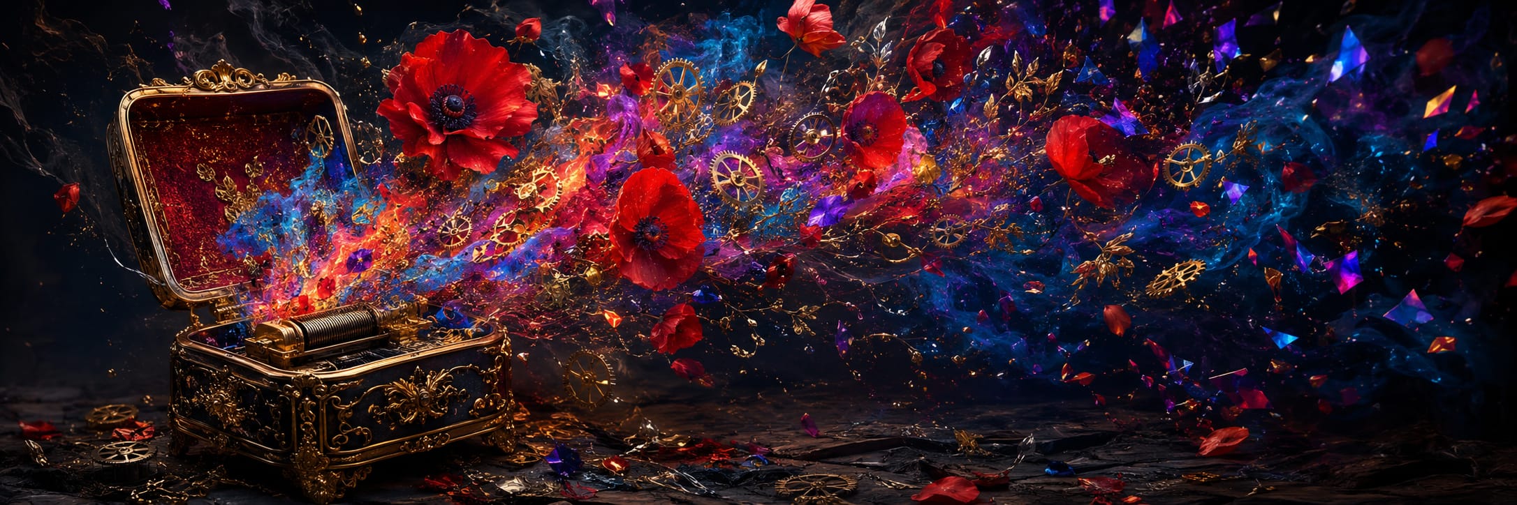 Ornate music box decorated with red flowers, glowing swirls, and visible gears for a fantastical effect.