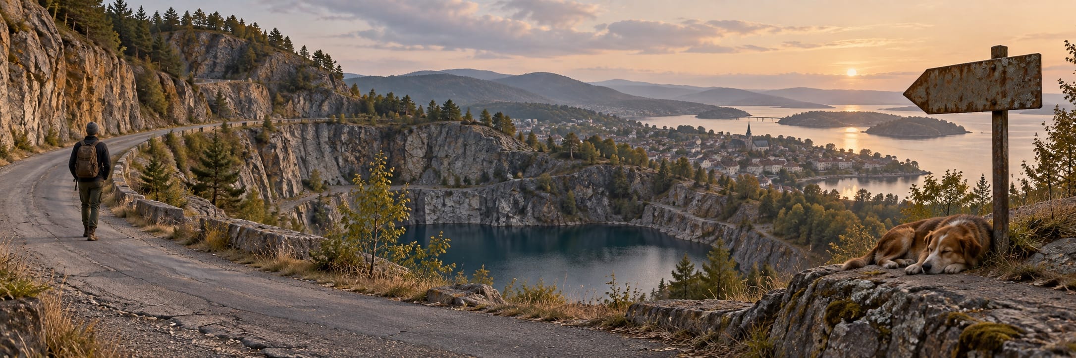 A person walks on a curved road by cliffs and water at sunset as a dog rests near an old signpost.