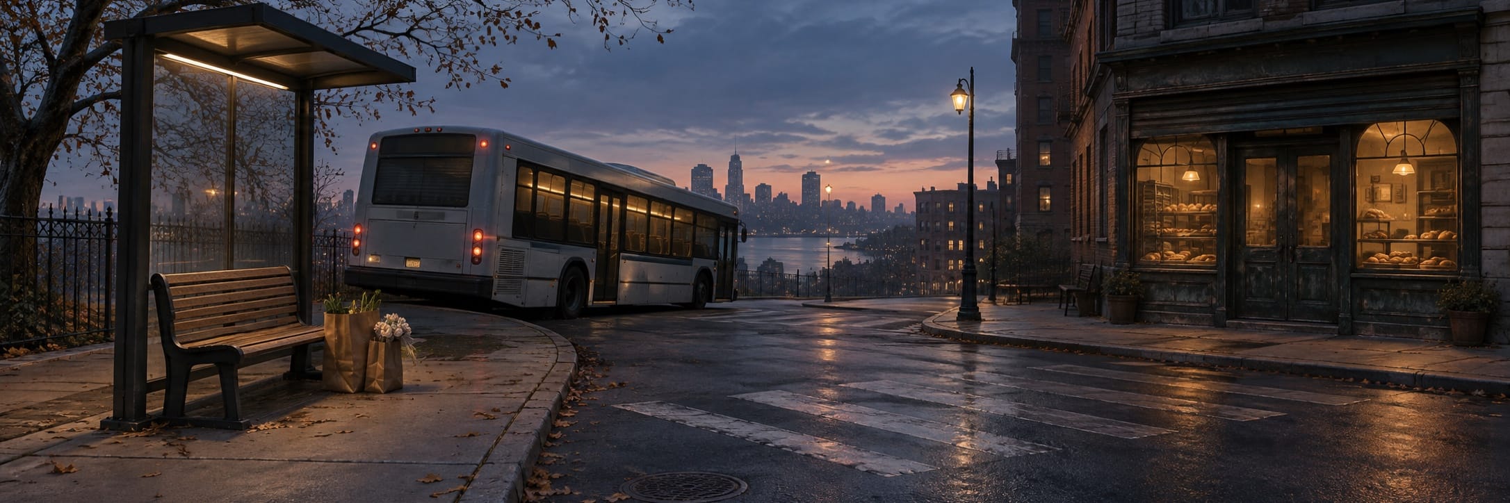 A city bus stops on a wet street near a bakery, with nature reflected in puddles and an empty bench holding flowers and a shopping bag.