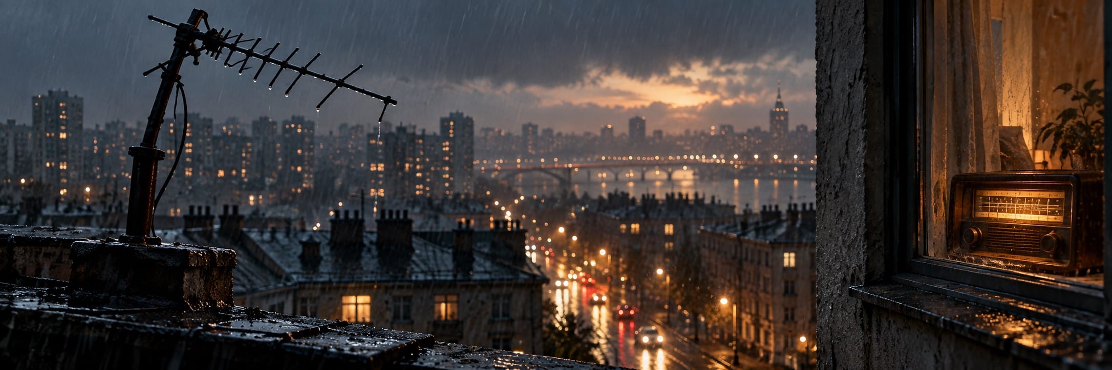 A bent rooftop antenna and glowing radio overlook rain-blurred city lights at night.