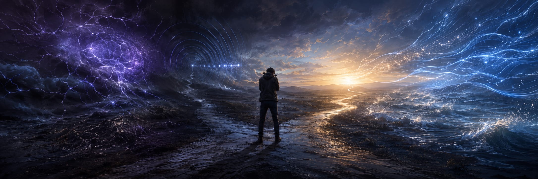 A person stands at a forked path; left leads to stormy satire, right to glowing subversion, both visible in early morning light.