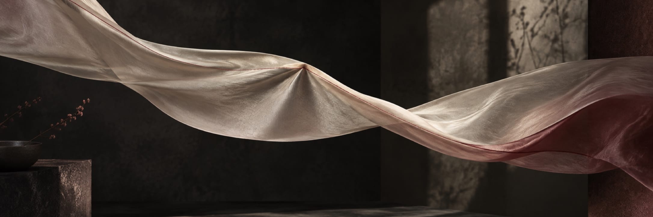 A sheer, light-colored fabric floats amid swirling shadows and subtle textures.