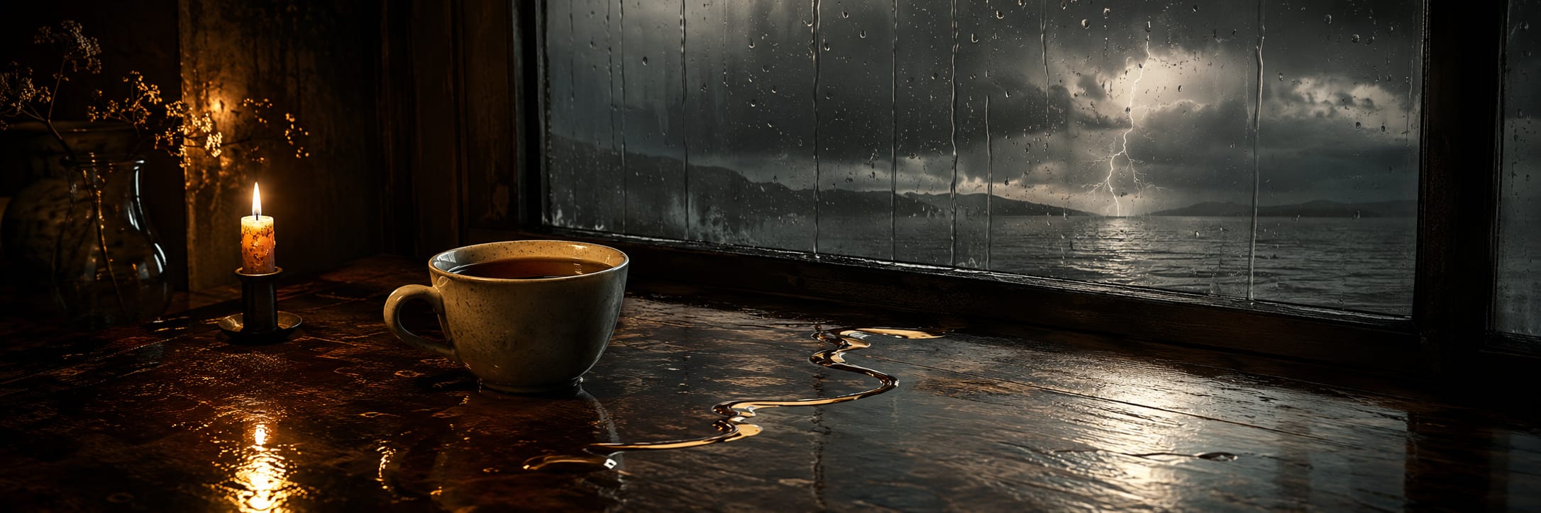A lit candle and mug sit on a table beside a rain-soaked window, reflecting the calm indoors against stormy weather outside.