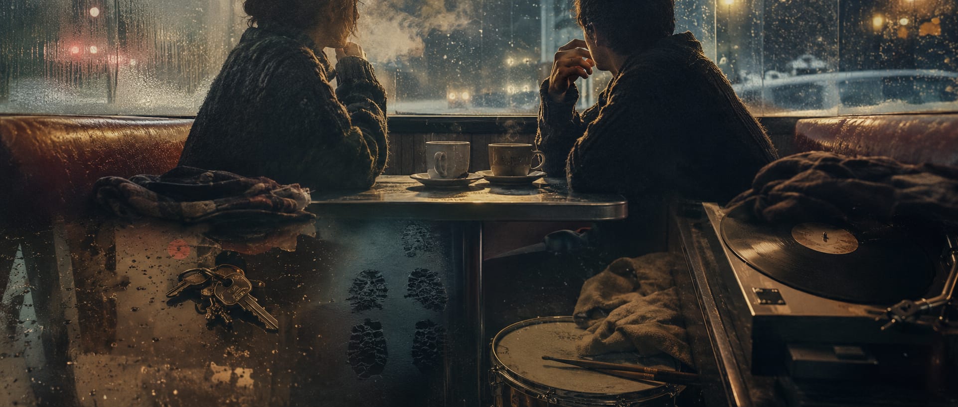 Two people sit at a diner booth with coffee, quietly reflecting as rain falls outside the window.