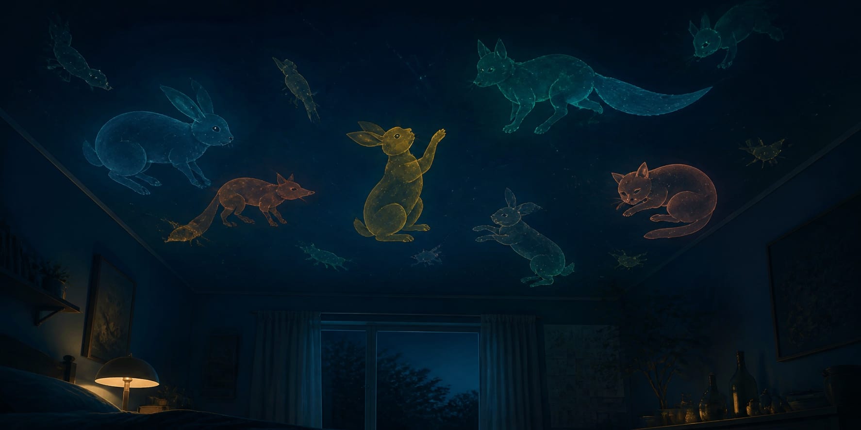 Small translucent coloured animals gather across a midnight bedroom ceiling in a quiet surreal glow.