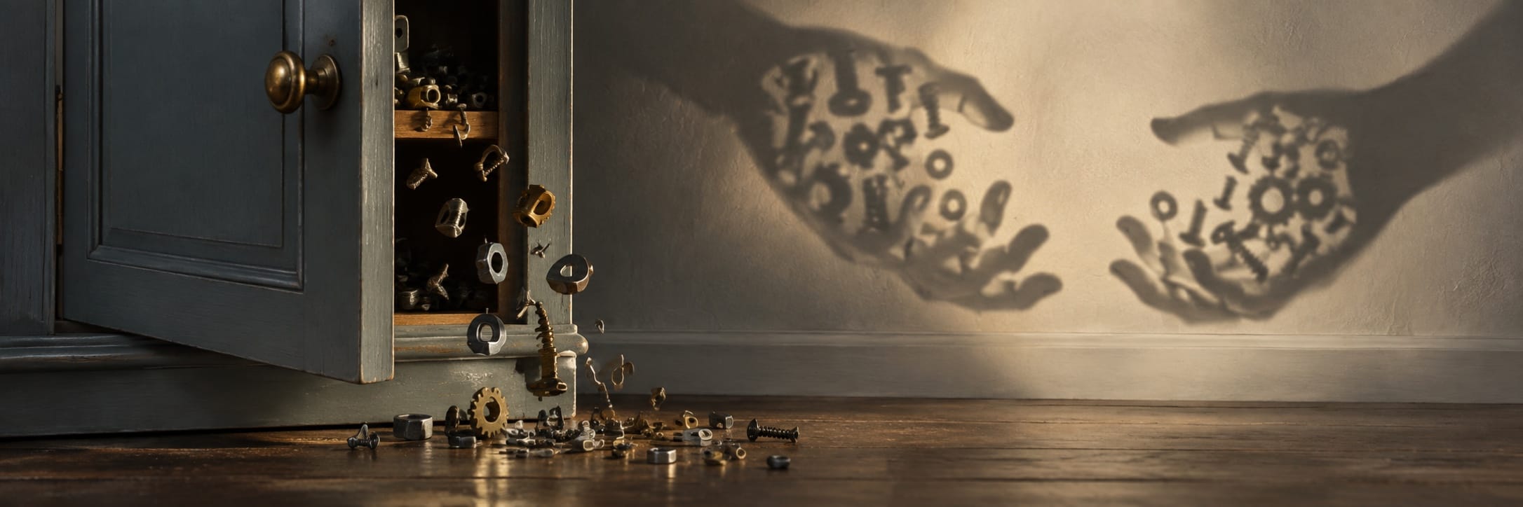 Open cabinet with scattered metal parts casts a hand-shaped shadow on the wall as sunlight streams in from the right.