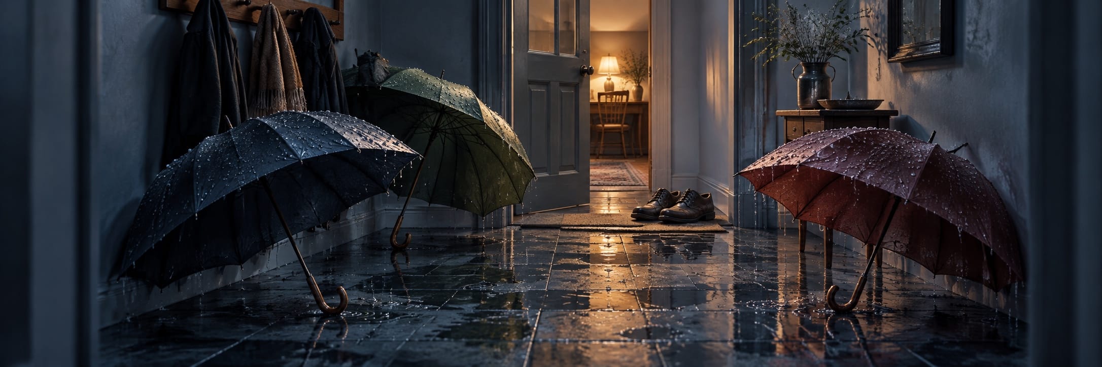 Three wet umbrellas stand open on a shiny hallway floor near an open door, creating a slightly surreal scene.