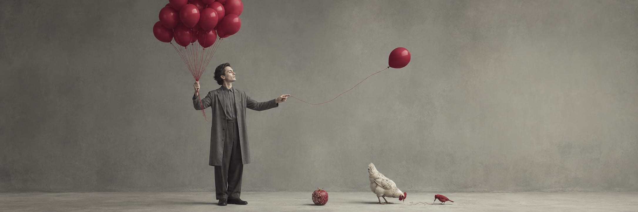 A man stands with red balloons; one is beside a chicken. A red apple and a whimsical red shoe rest on the floor.