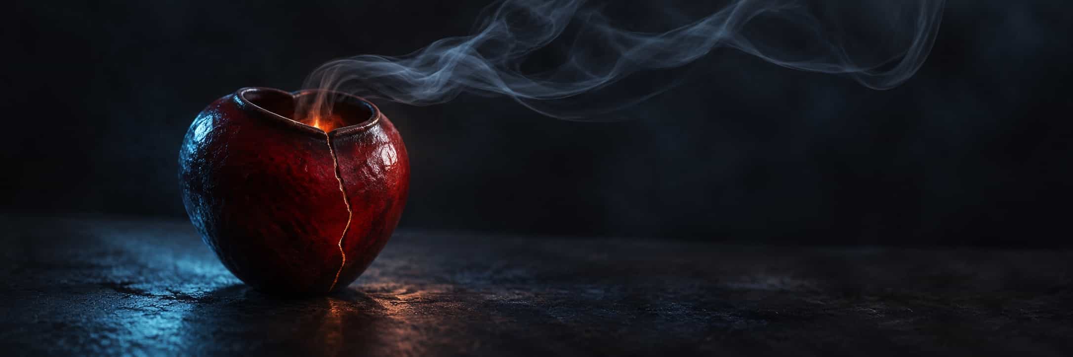 A cracked red ceramic vessel holds a glowing ember emitting a trail of smoke.