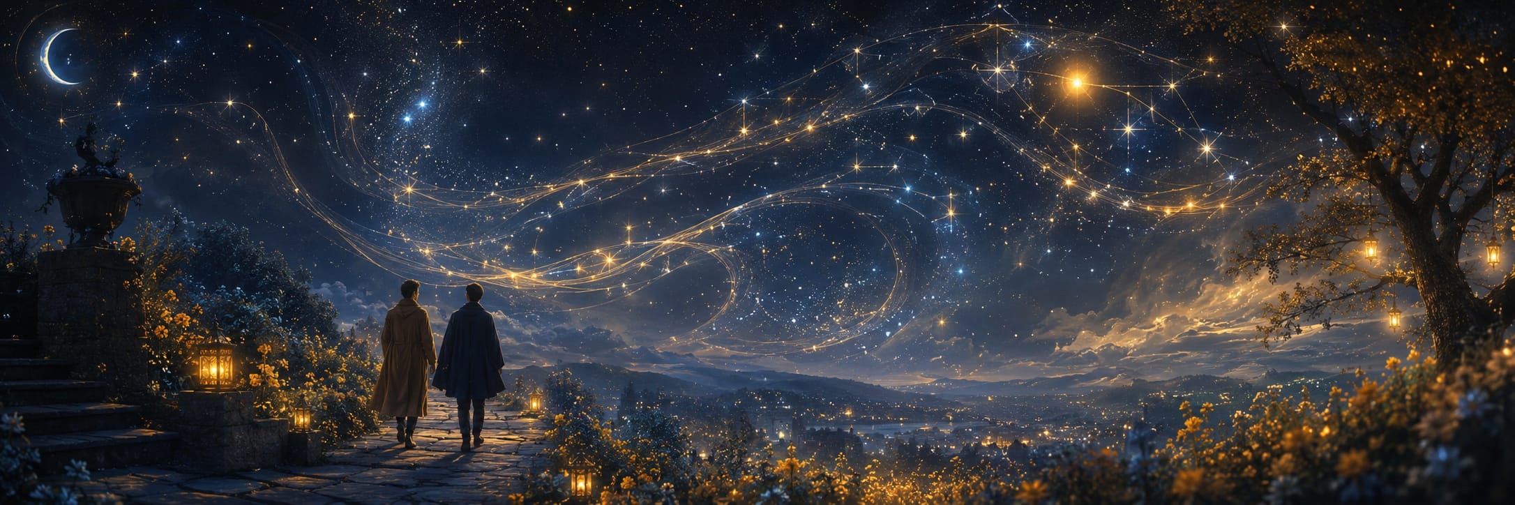 Two people walk along a nighttime path lined with flowers and lanterns, beneath swirling glowing star trails overhead.