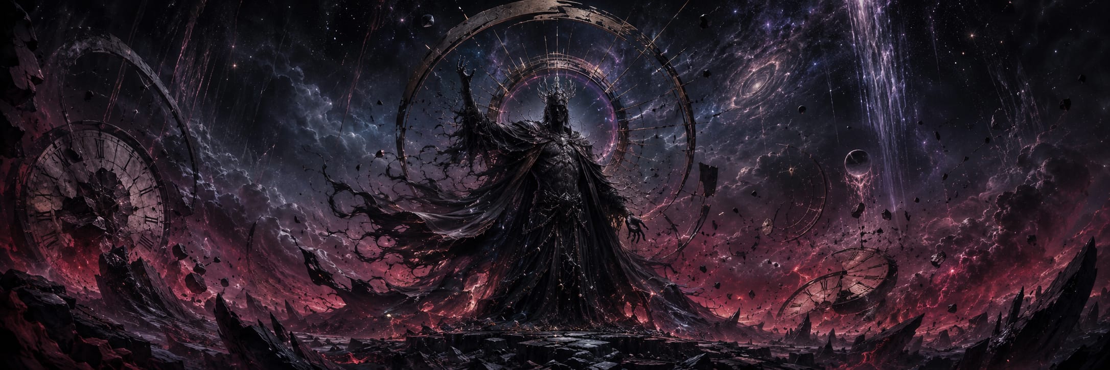 A surreal shadowy figure stands among cosmic debris and rings beneath a dramatic purple-red sky.